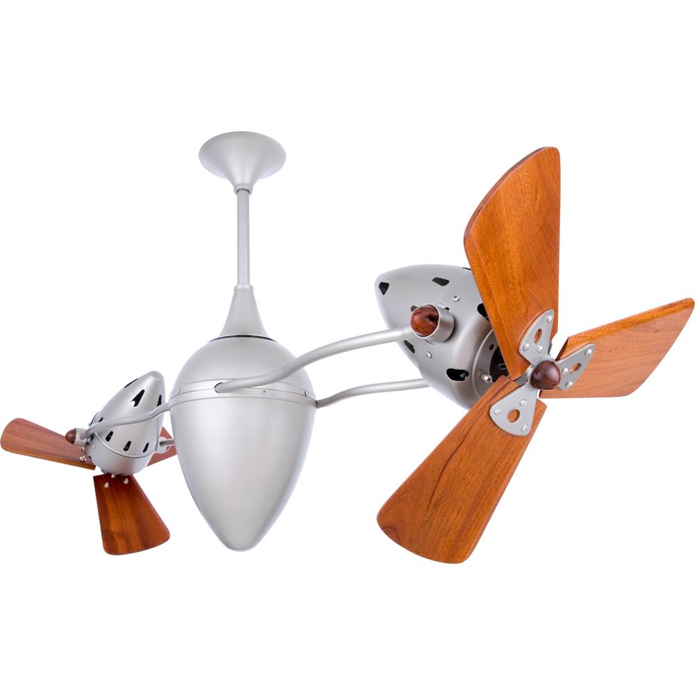 Matthews Fan Company Ar Ruthiane 360degree dual headed rotational ceiling fan in brushed nickel finish with solid sustainable mahogany wood blades for damp location.