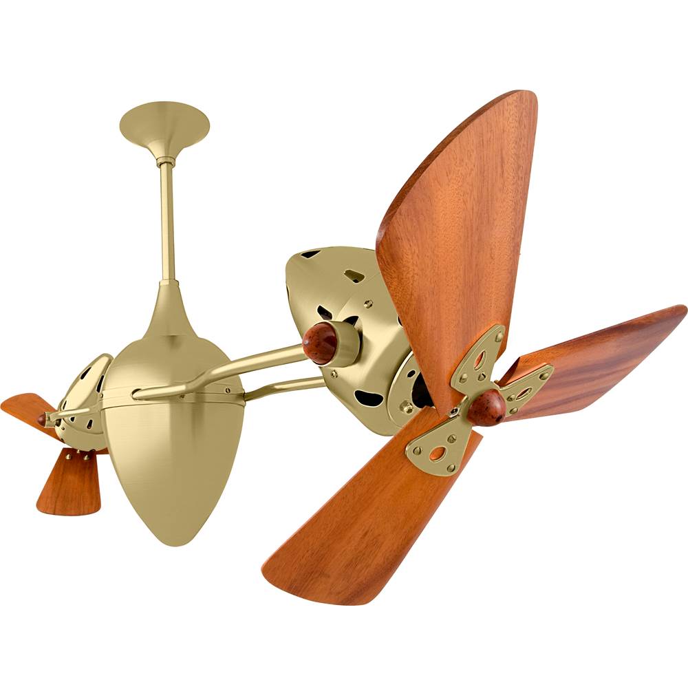 Matthews Fan Company Ar Ruthiane 360degree dual headed rotational ceiling fan in brushed brass finish with solid sustainable mahogany wood blades.