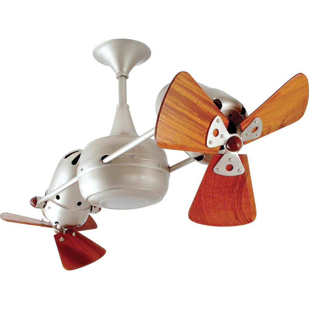 Matthews Fan Company Duplo Dinamico 360'' rotational dual head ceiling fan in Brushed Nickel finish with solid sustainable mahogany wood blades for damp locations.