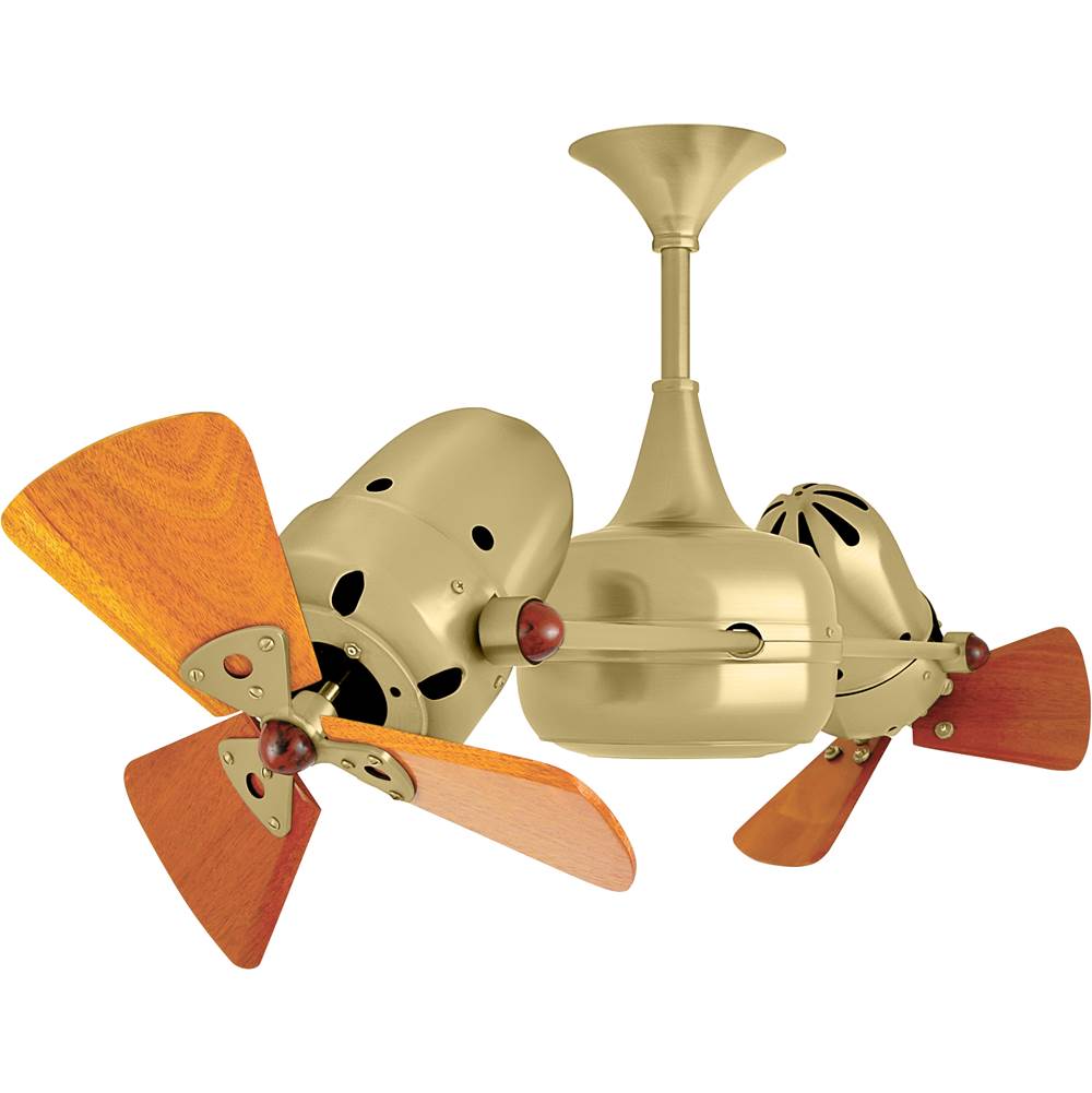 Matthews Fan Company Duplo Dinamico 360'' rotational dual head ceiling fan in Brushed Brass finish with solid sustainable mahogany wood blades.
