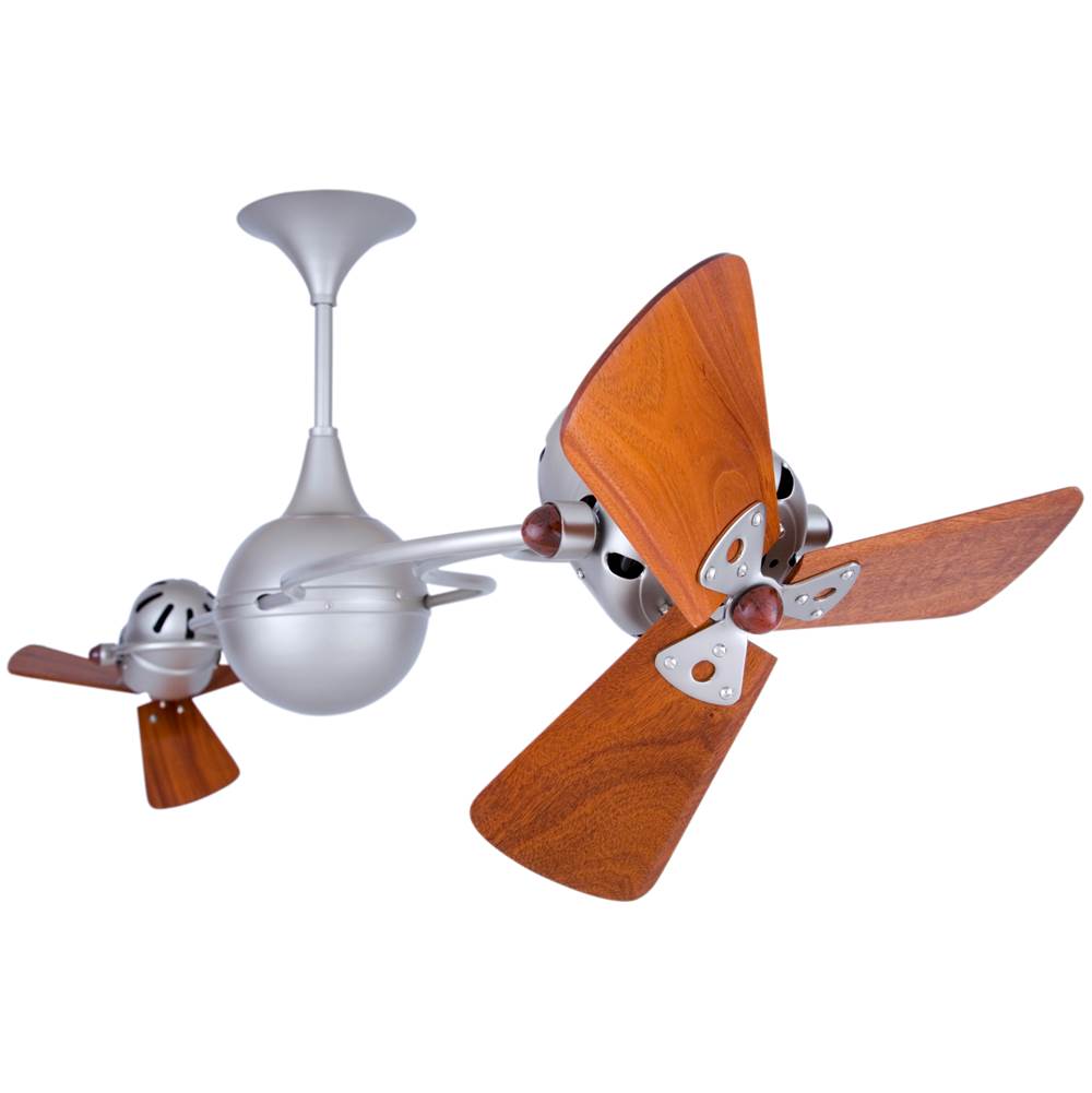 Matthews Fan Company Italo Ventania 360degree dual headed rotational ceiling fan in brushed nickel finish with solid sustainable mahogany wood blades for damp location.
