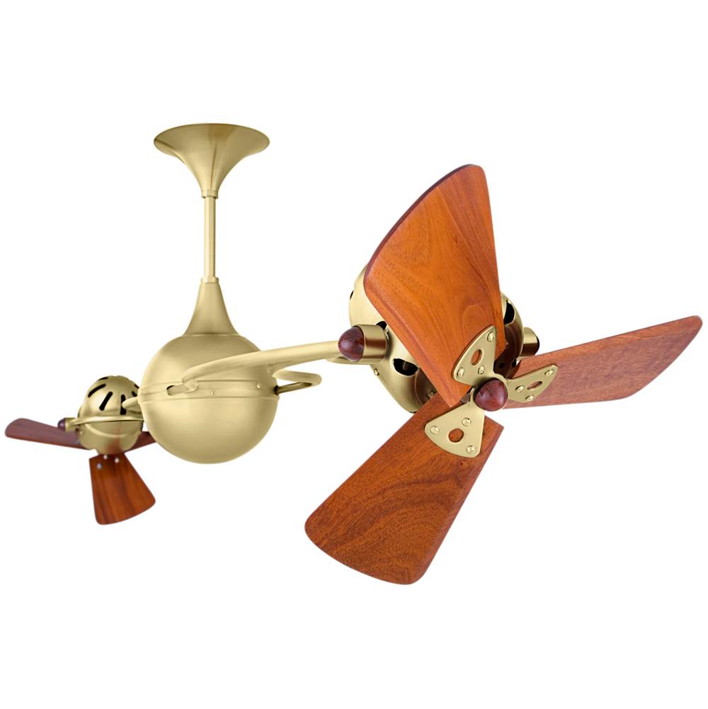 Matthews Fan Company Italo Ventania 360degree dual headed rotational ceiling fan in brushed brass finish with solid sustainable mahogany wood blades.
