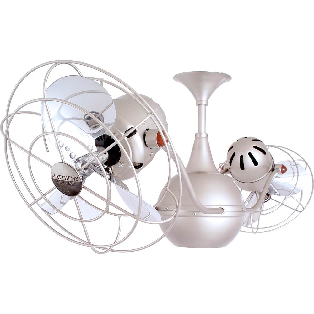 Matthews Fan Company Vent-Bettina 360degree dual headed rotational ceiling fan in brushed nickel finish with metal blades for damp location.