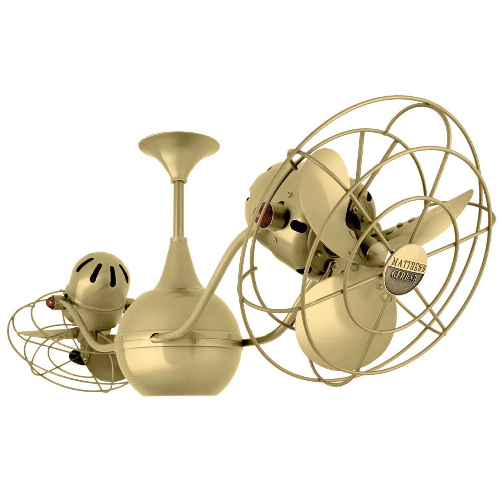Matthews Fan Company Vent-Bettina 360degree dual headed rotational ceiling fan in brushed brass finish with metal blades.