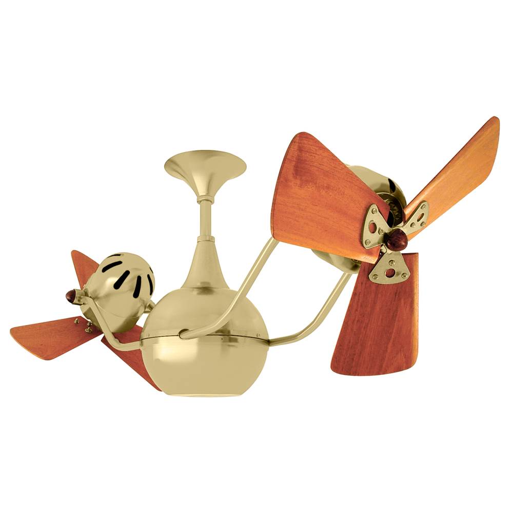 Matthews Fan Company Vent-Bettina 360degree dual headed rotational ceiling fan in brushed brass finish with solid sustainable mahogany wood blades.