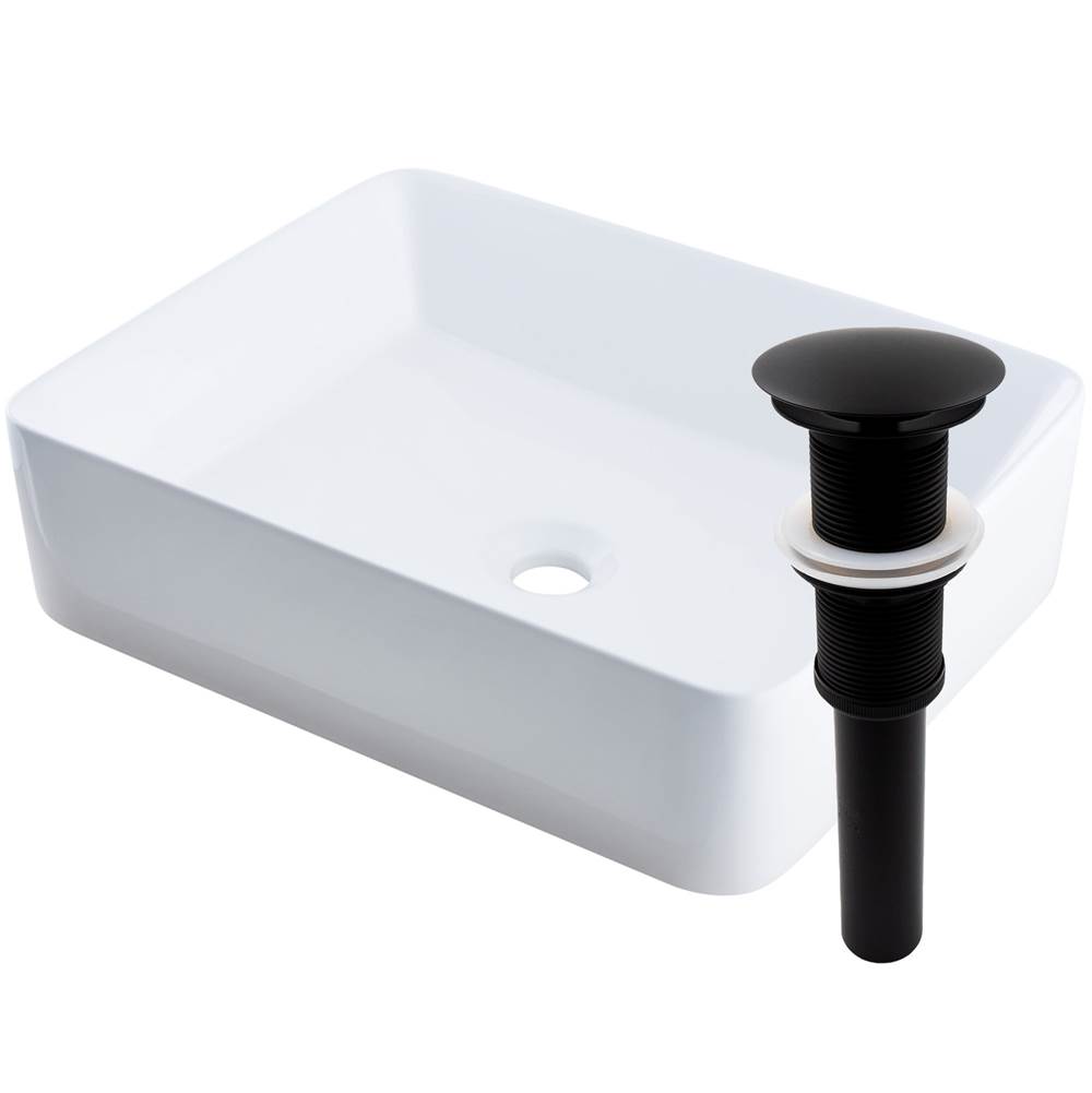 Novatto Rectangular White Porcelain Vessel Sink with Matte Black Drain Set
